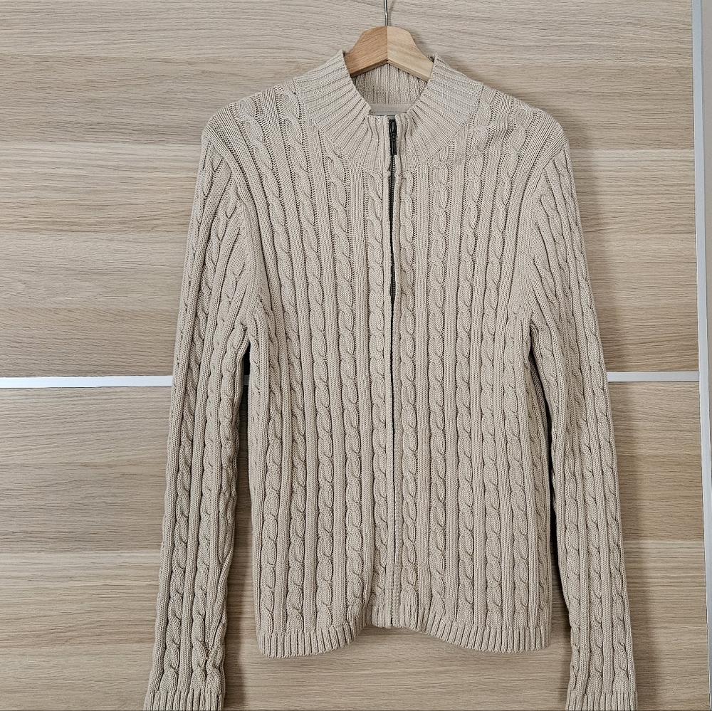 L.L.Bean Women’s Cable Knit Zip Cardigan Sweater Medium Beige 100% Cotton